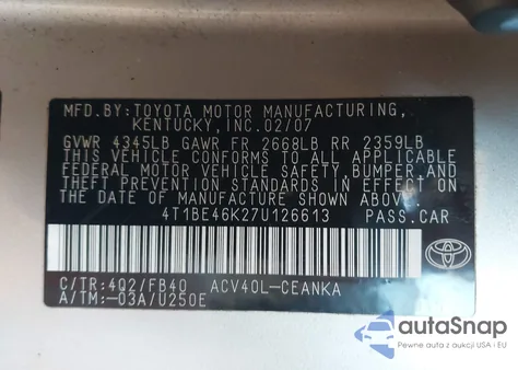 2007 Toyota Camry Le from USA, damaged, VIN 4T1BE46K27U126613